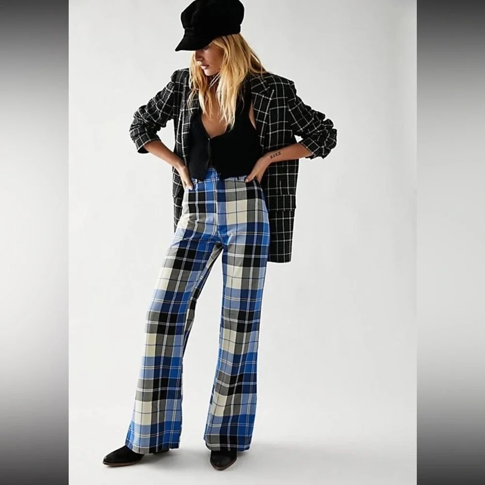 NEW Free People Jules Plaid High Waist Wide Leg Black Blue Pants Sz 4